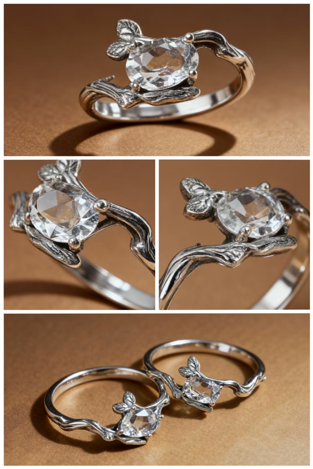 Natural clear quartz ring with botanical twig-inspired silver band