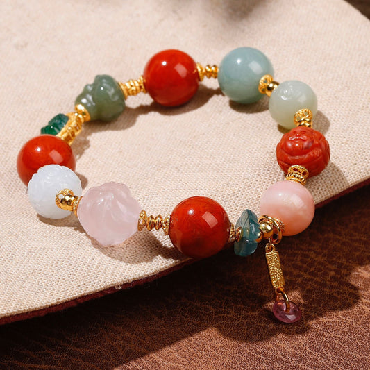 Multi-gemstone lucky bracelet featuring natural jadeite, Nan Hong agate, Hetian jade and rose quartz beads with 24K gold-plated S925 silver accents
