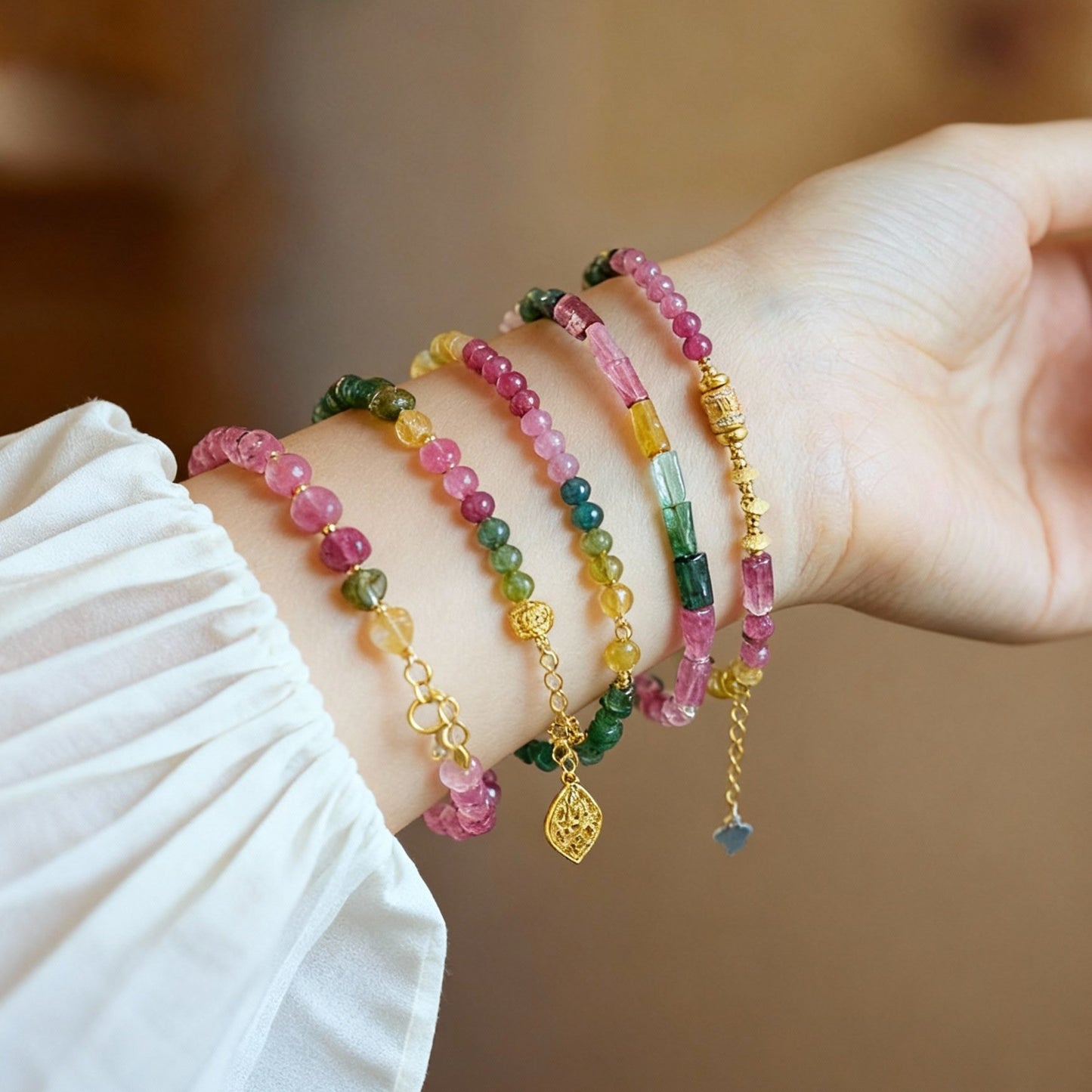 Natural candy-colored raw tourmaline beaded bracelet