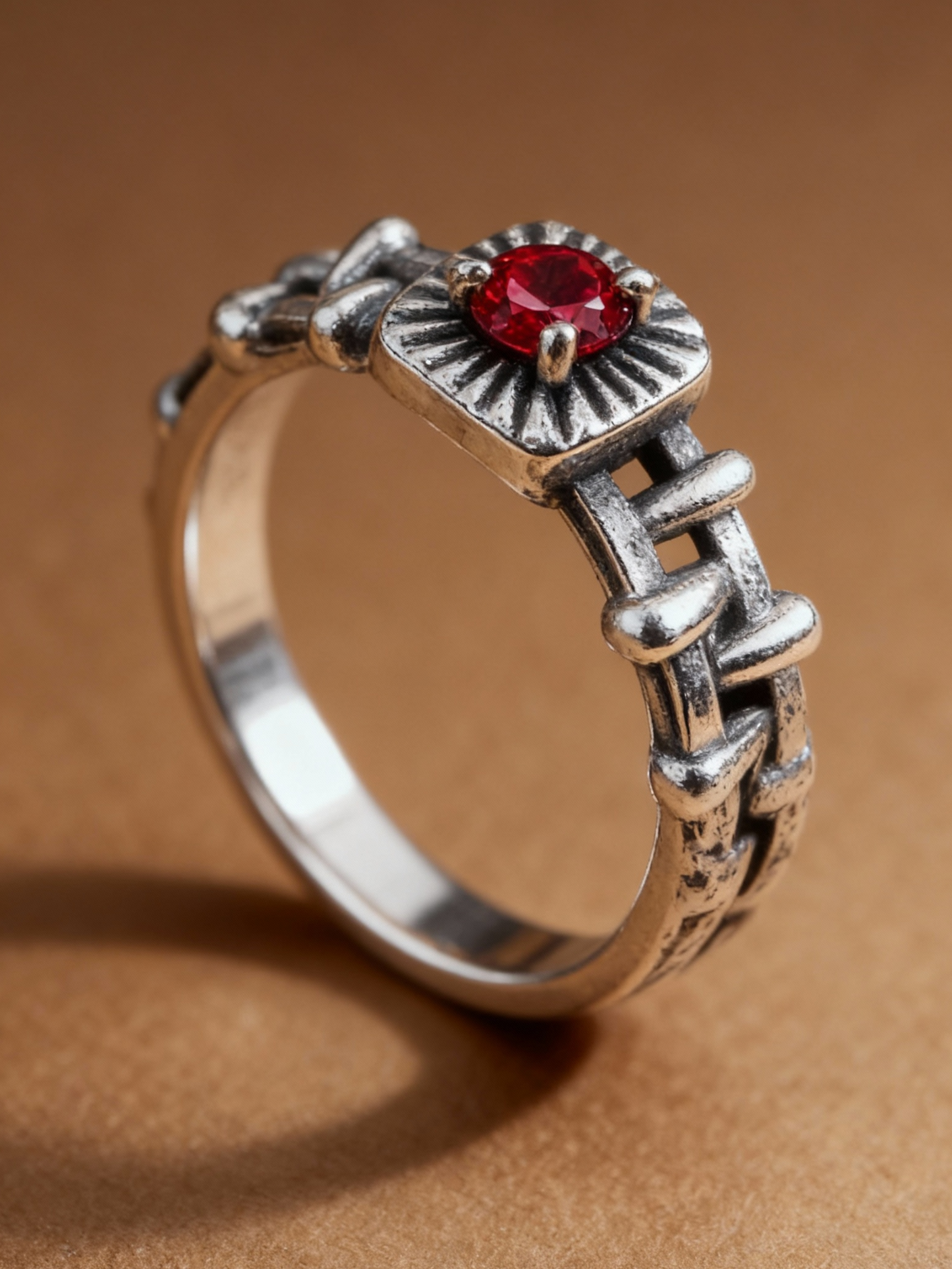 Natural garnet gemstone ring with decorative chain-link band