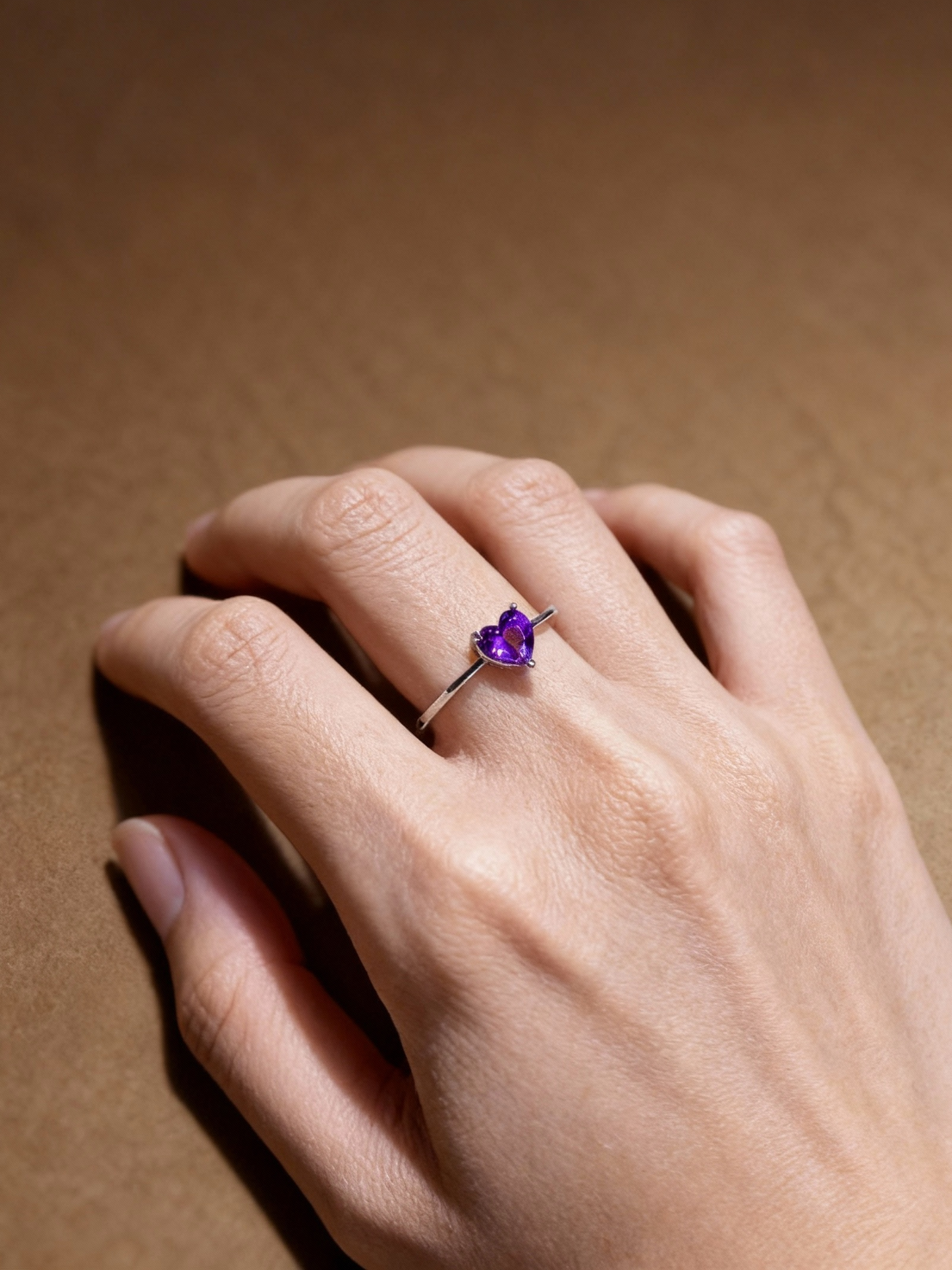 Purple amethyst heart gemstone ring