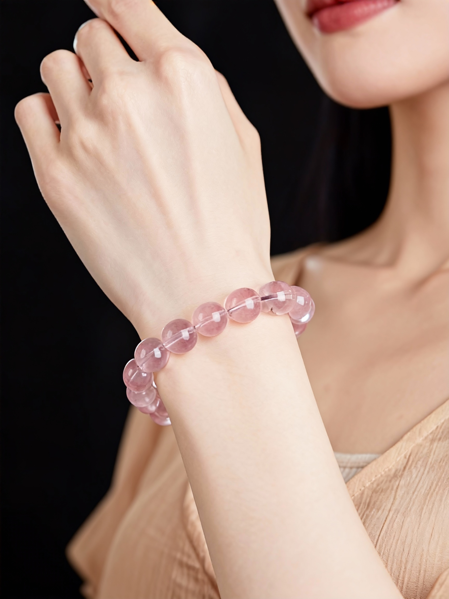 Ice-clear rose quartz bracelet with natural translucent pink beads