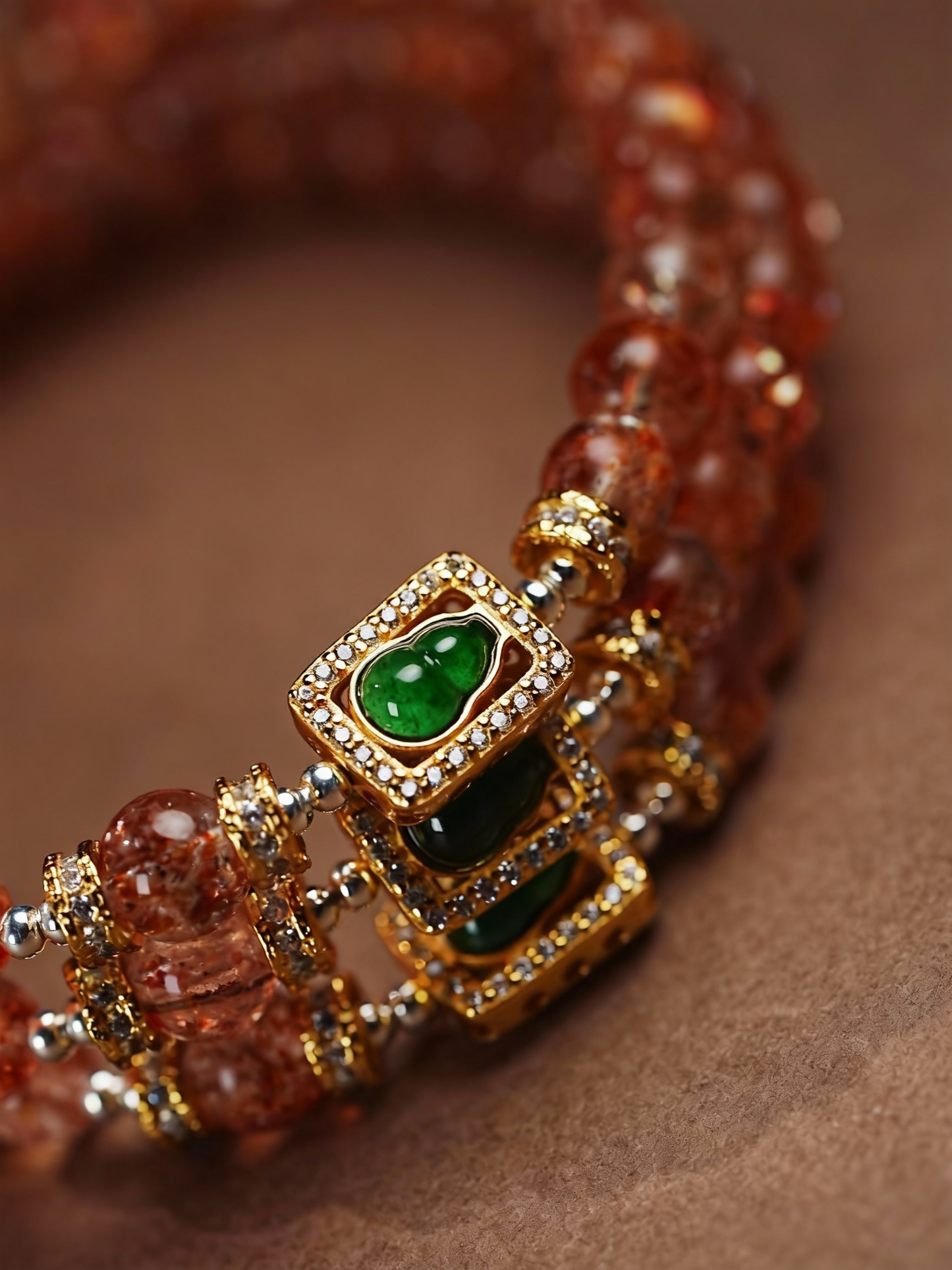 Natural sunstone and jade bracelet flat lay photography