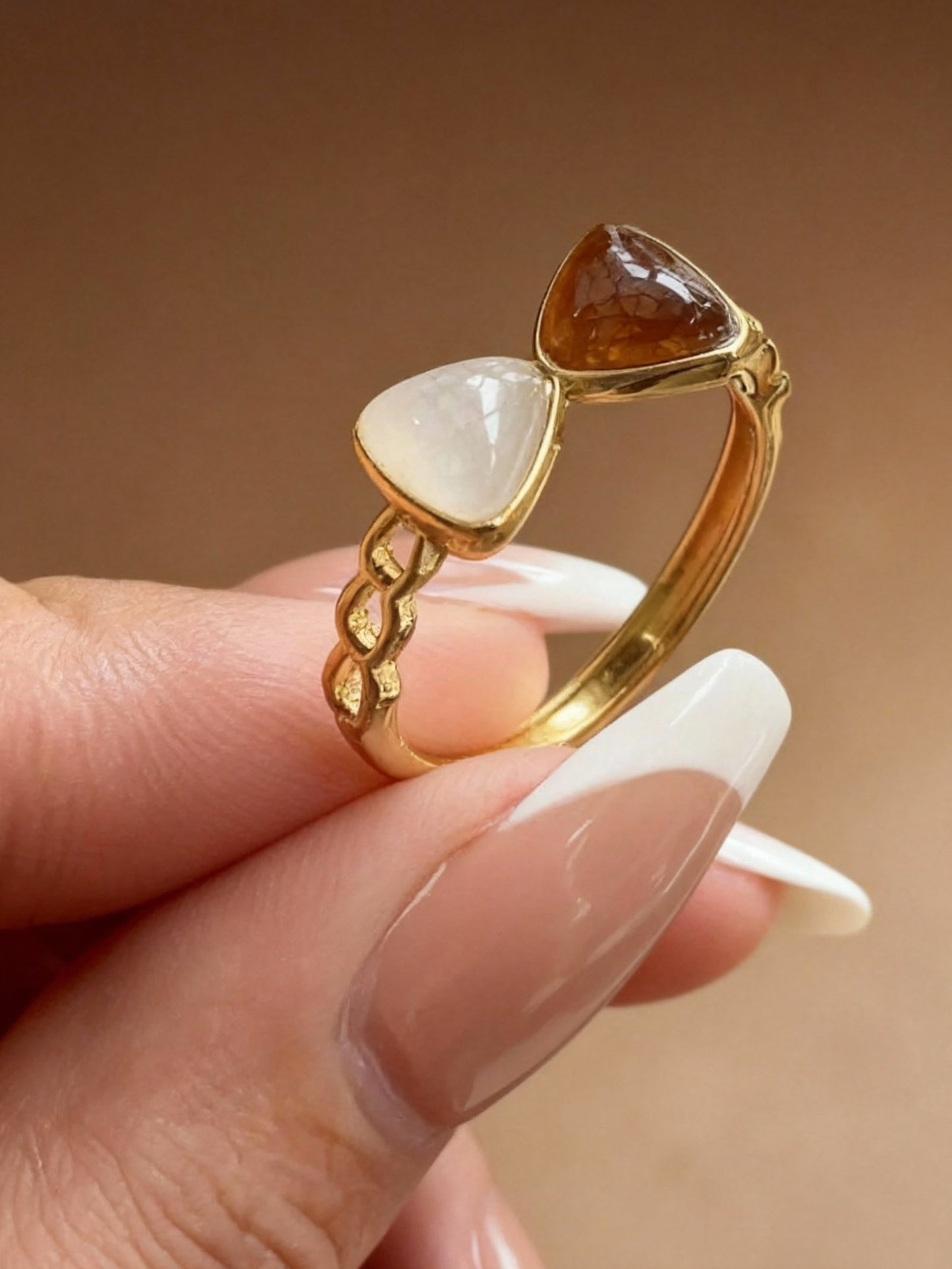 Two-tone jade ring with traditional Chinese jade craftsmanship