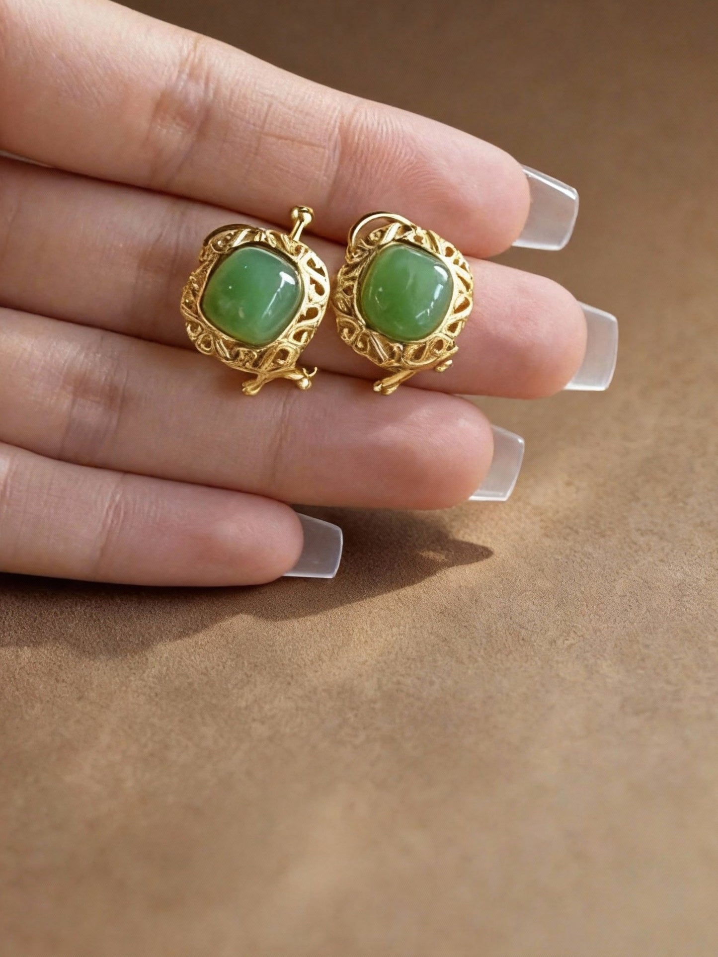 Nephrite jade earrings with deep green natural color