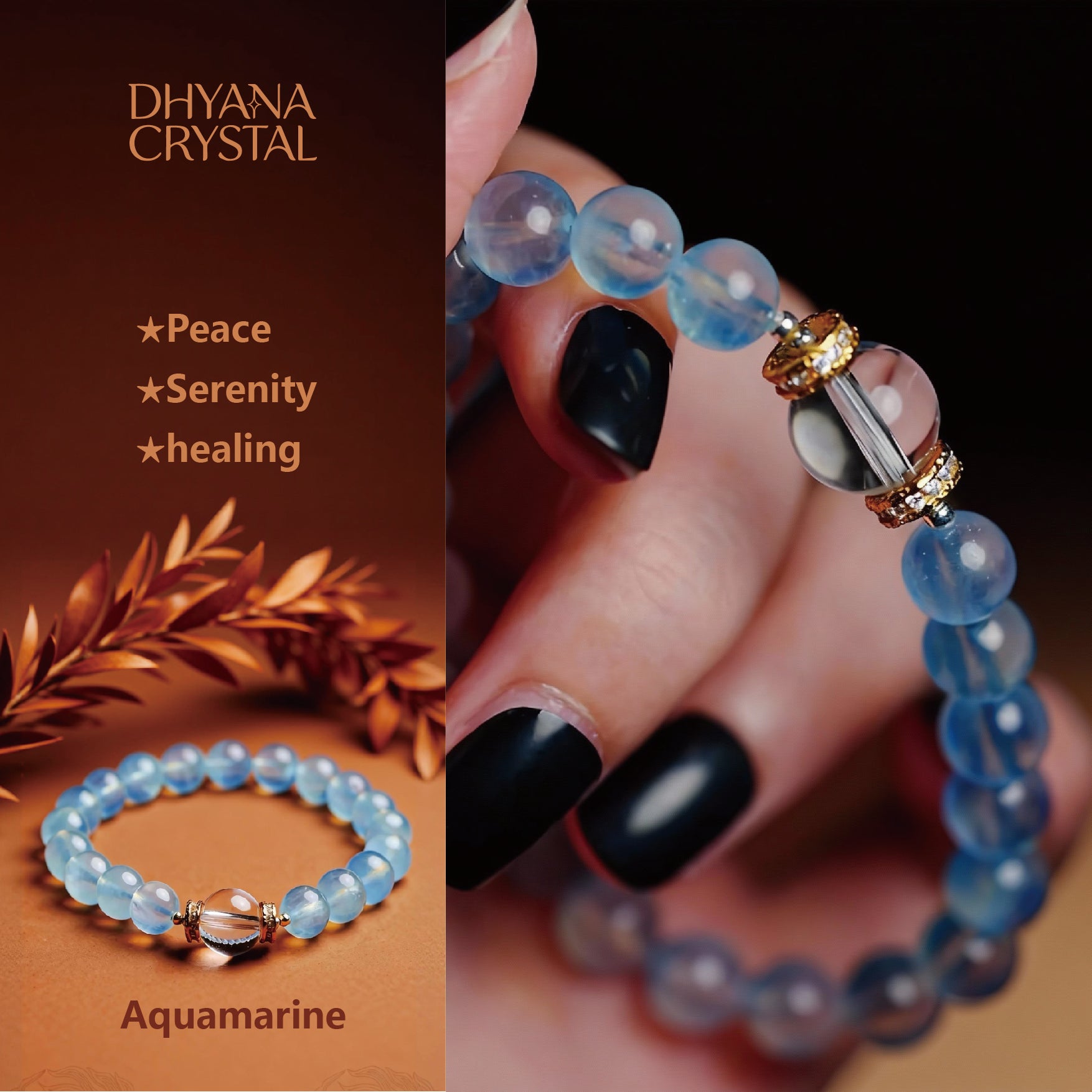 Natural aquamarine and clear quartz beaded bracelet on white background