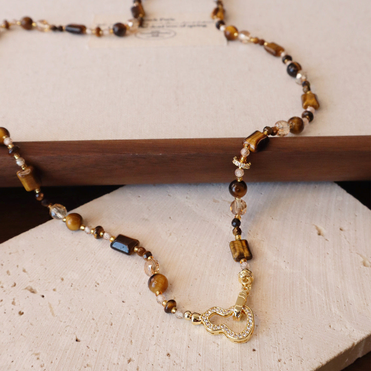 Tiger eye stone beaded necklace with crystal gourd pendant