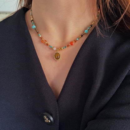 Natural mixed gemstone necklace showing variety of crystal beads