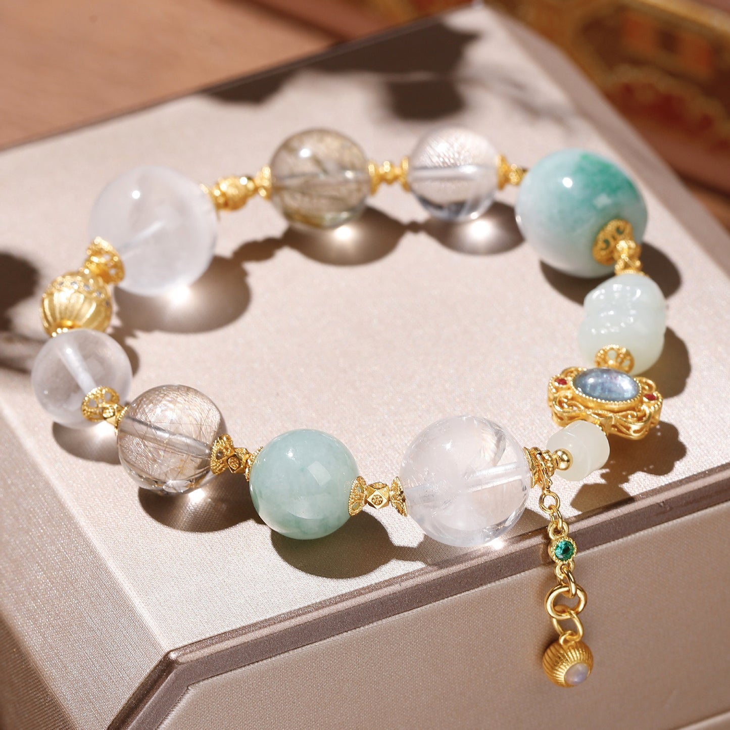 Close-up of ghost jade beads showing natural translucent quality