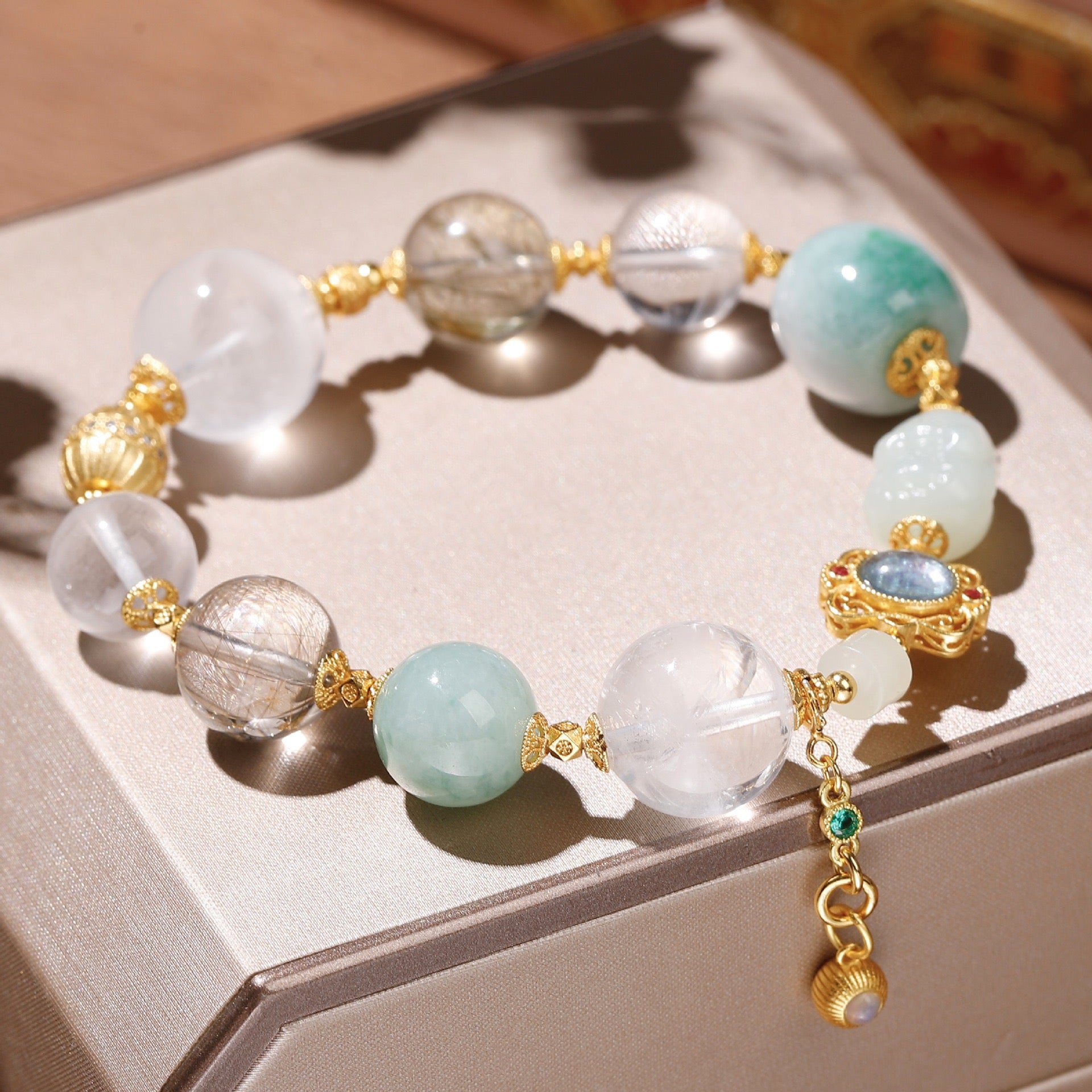 Close-up of ghost jade beads showing natural translucent quality