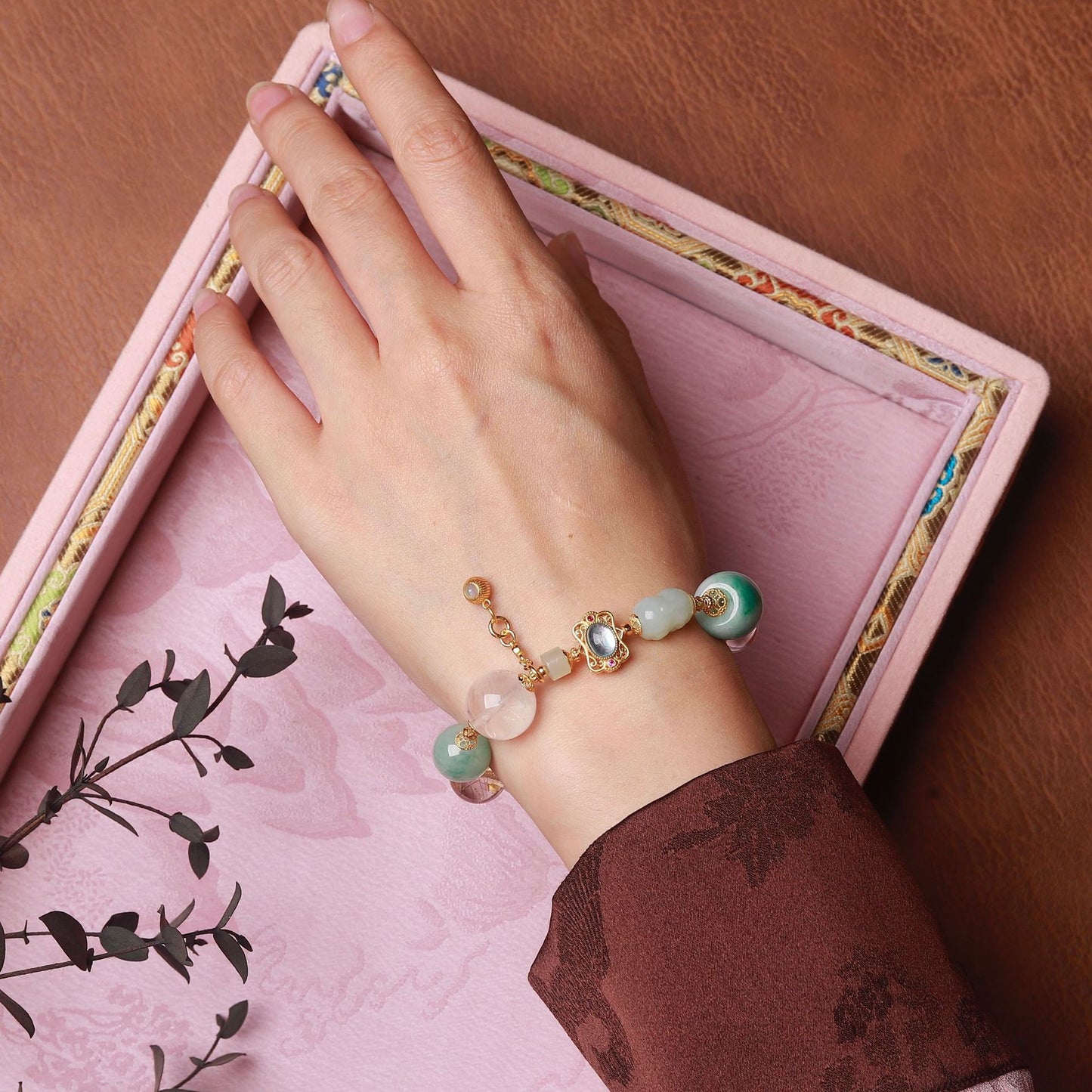 Close-up view of ghost jade crystal beads