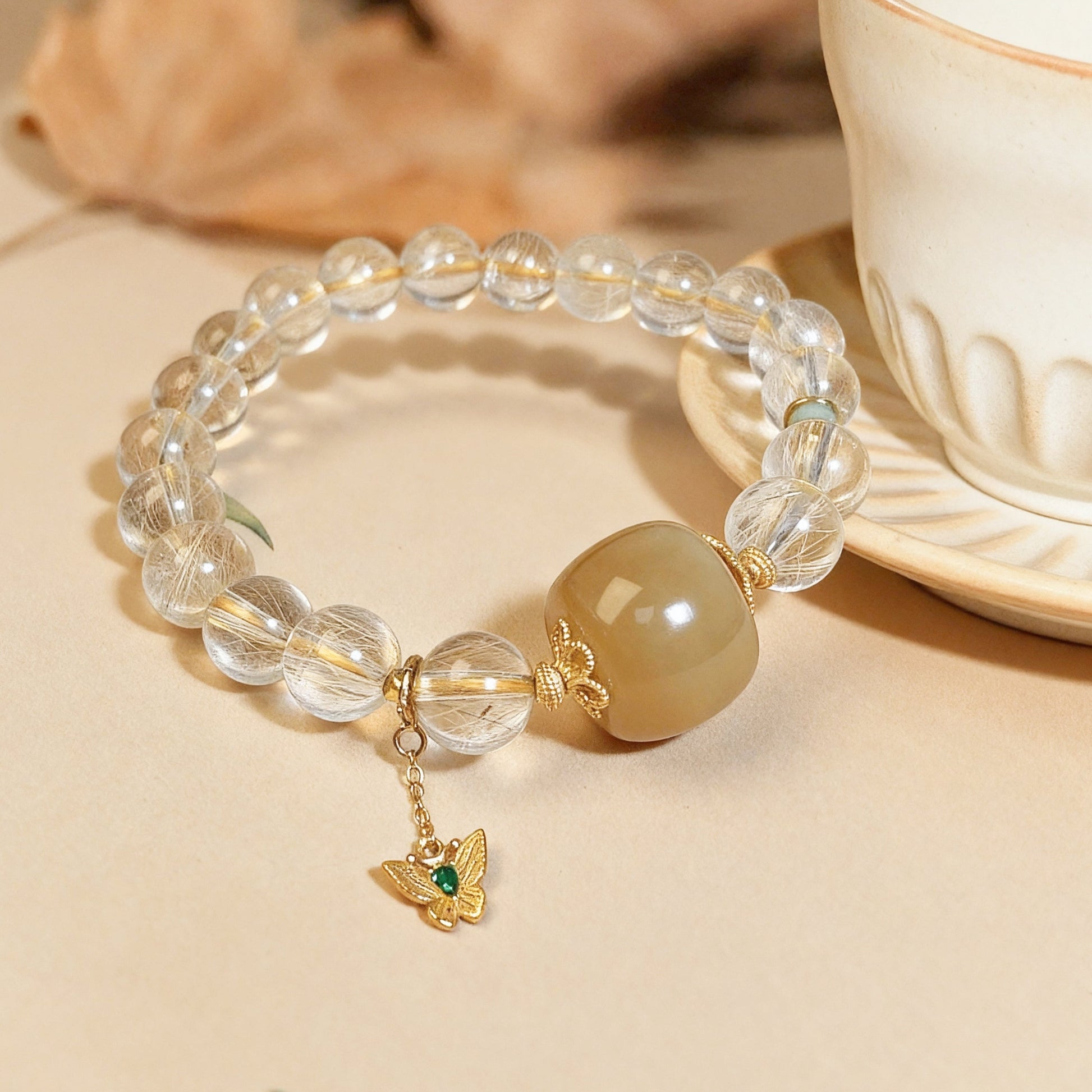 Clear quartz and Hetian sugar jade bracelet with white stones