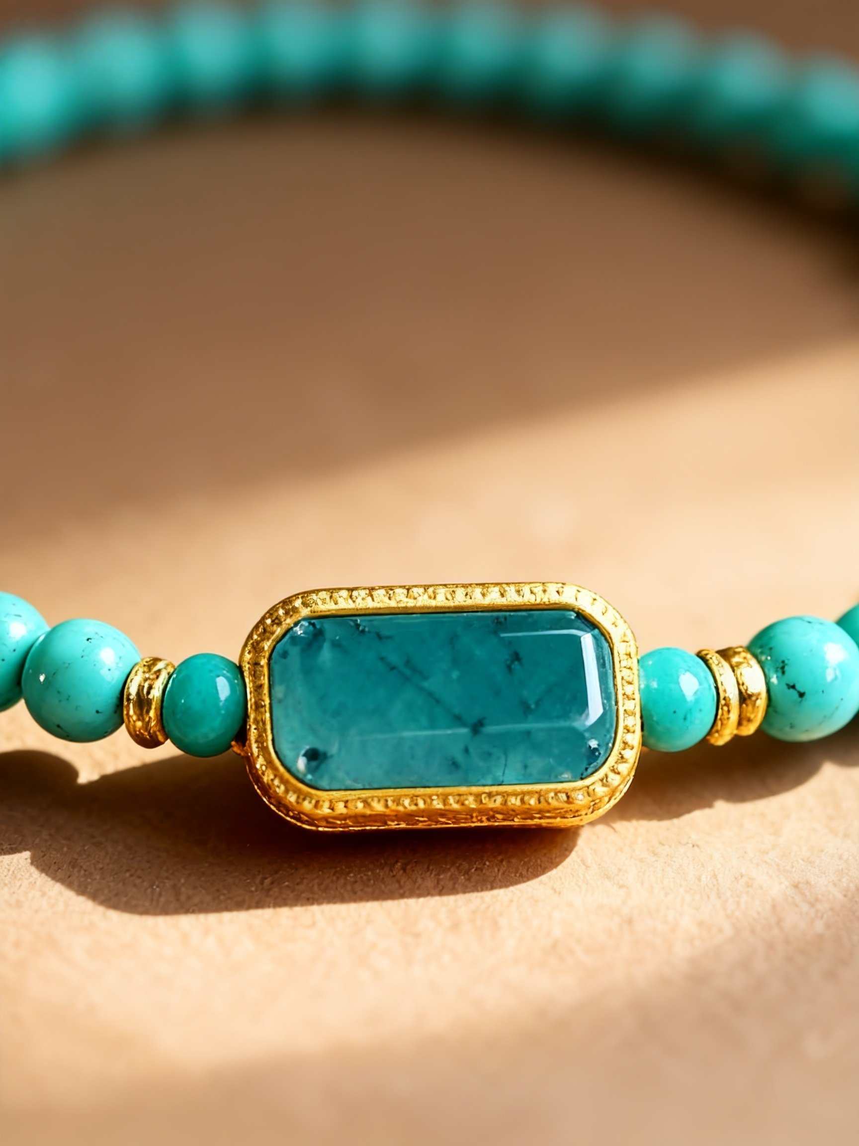 Detail of natural turquoise and jade bracelet showing blue tones