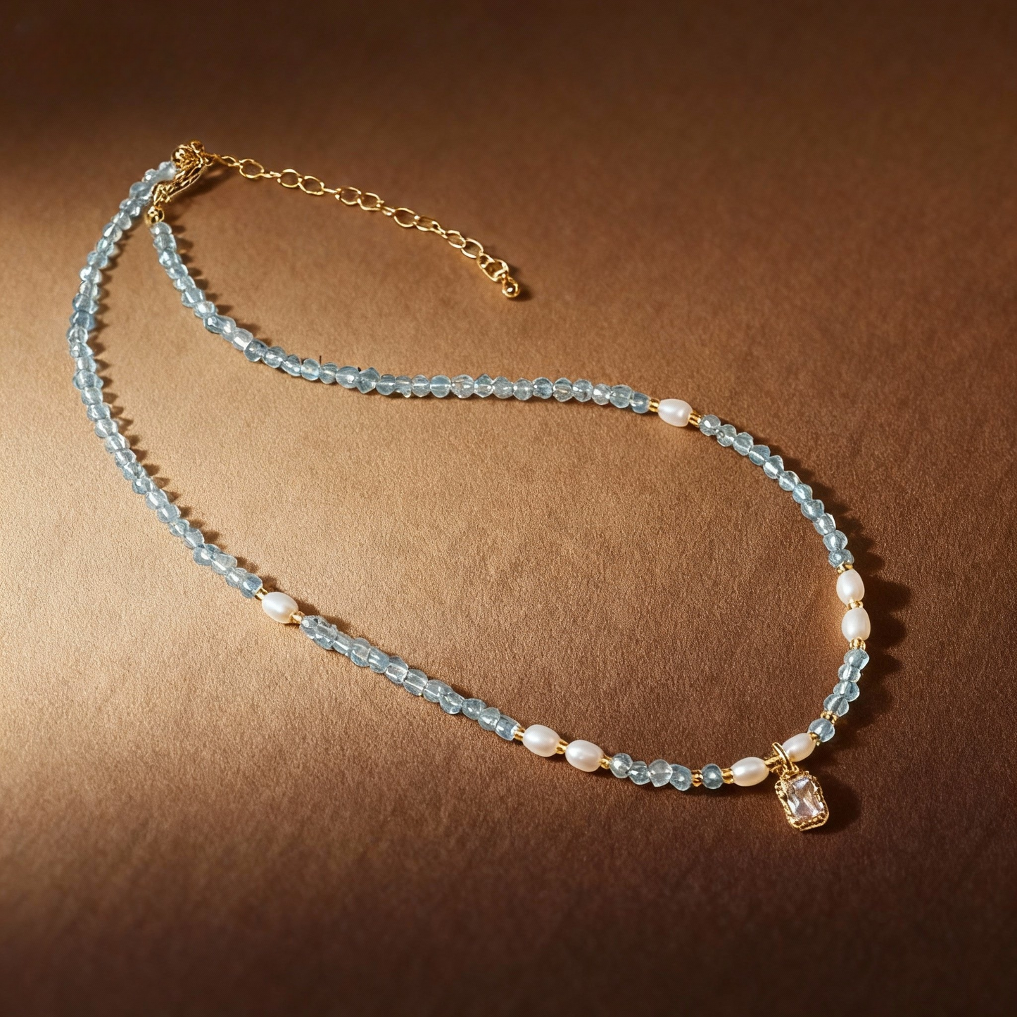 Natural aquamarine and freshwater pearl necklace with blue crystals