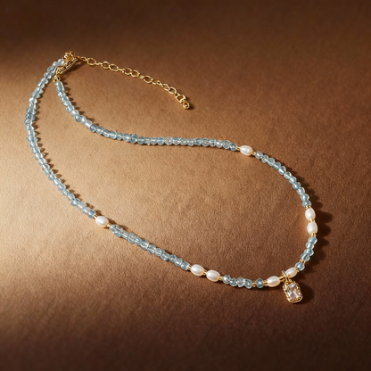 Natural aquamarine and freshwater pearl necklace with blue crystals