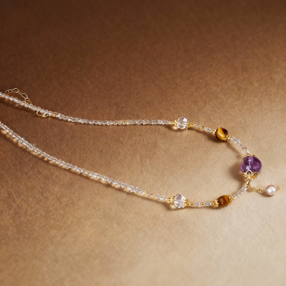 Natural clear quartz and amethyst beaded necklace with pearl accents
