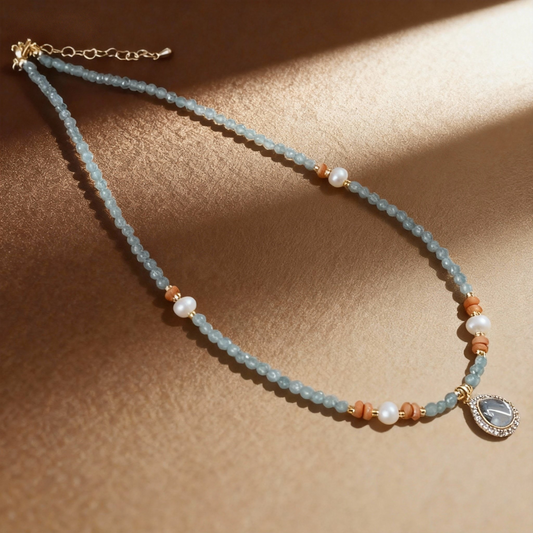 Natural aquamarine ocean heart pendant necklace with blue crystals