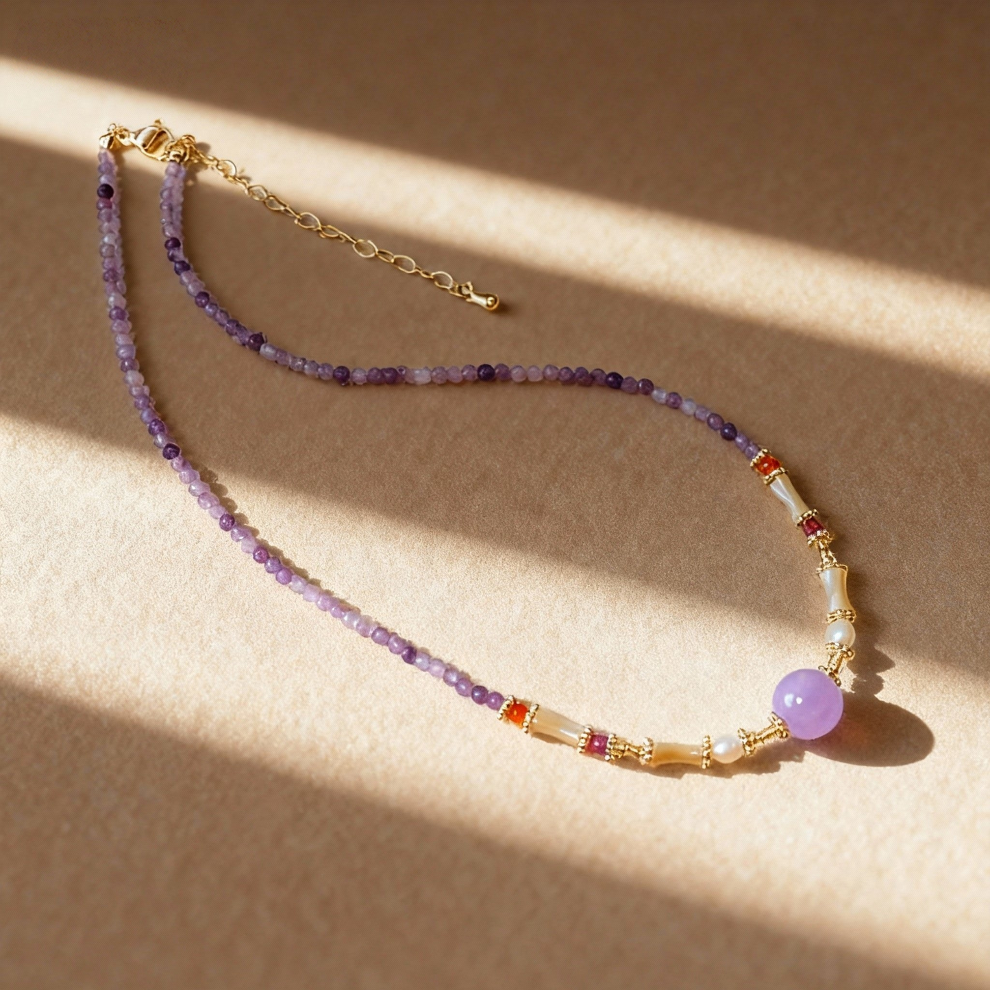 Natural amethyst and lavender crystal beaded necklace with pearls