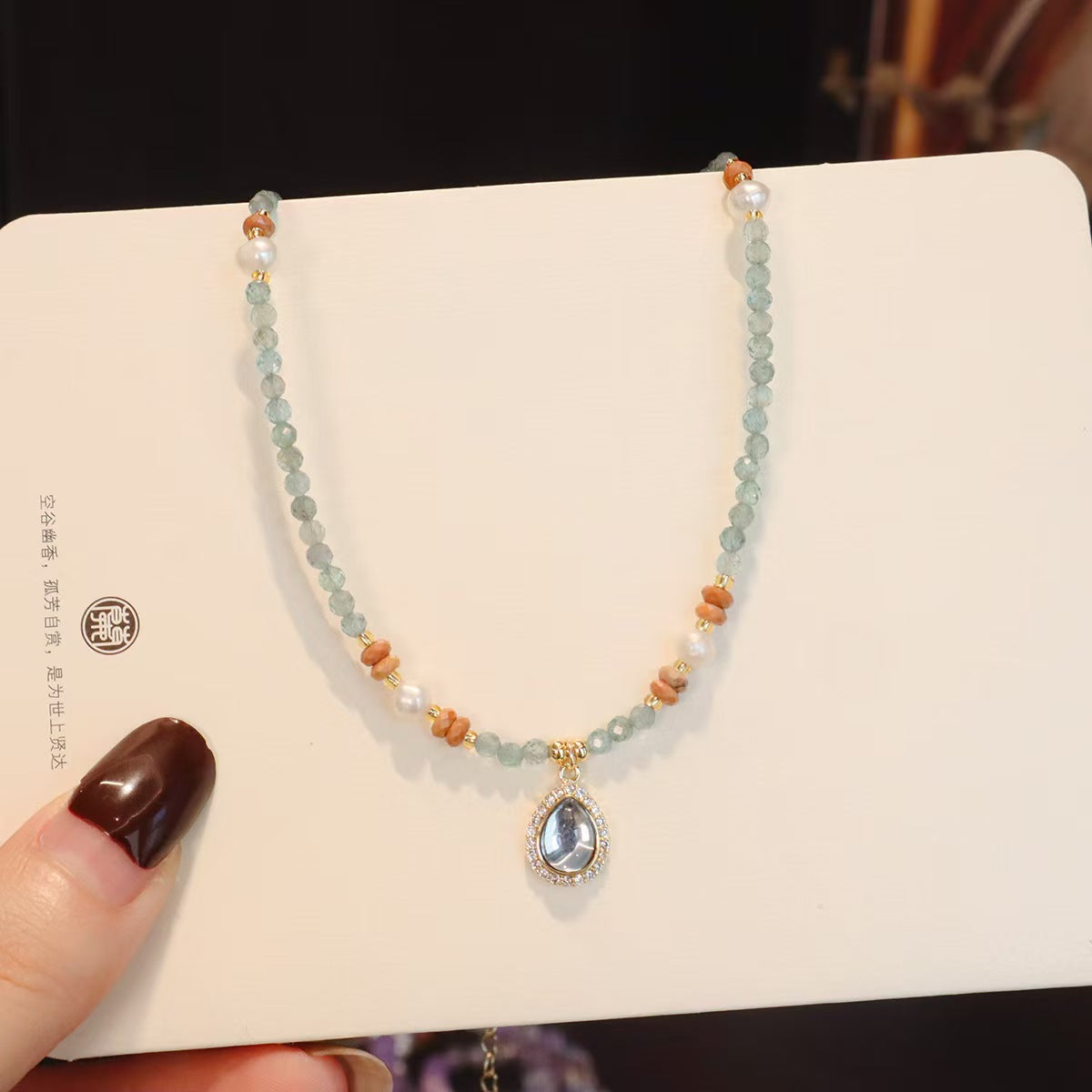 Aquamarine crystal heart pendant necklace with natural stones