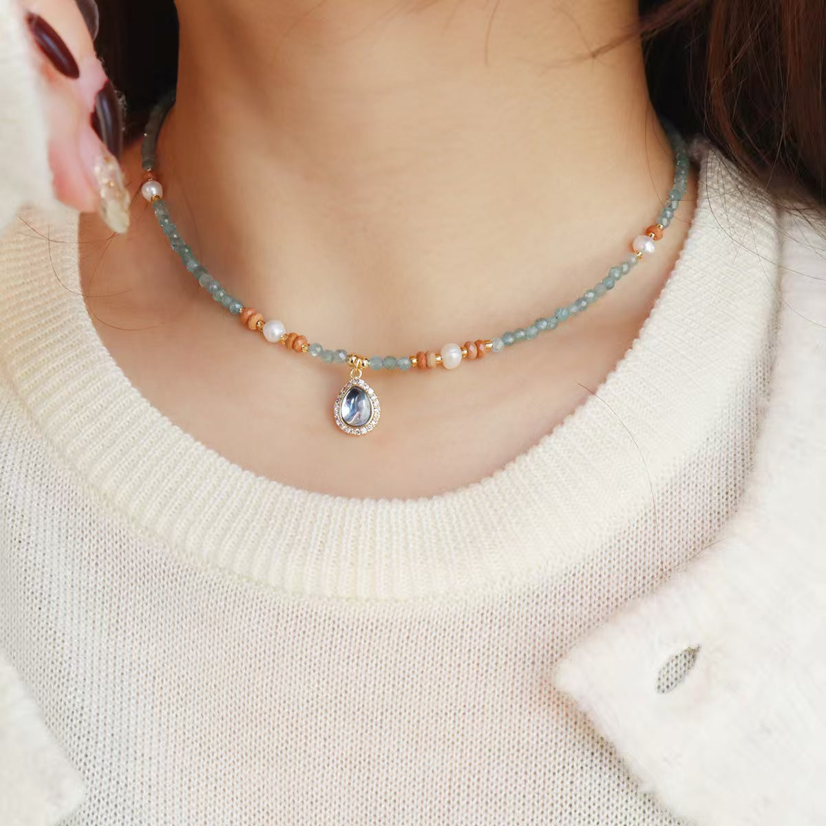 Natural aquamarine ocean heart pendant necklace coastal jewelry