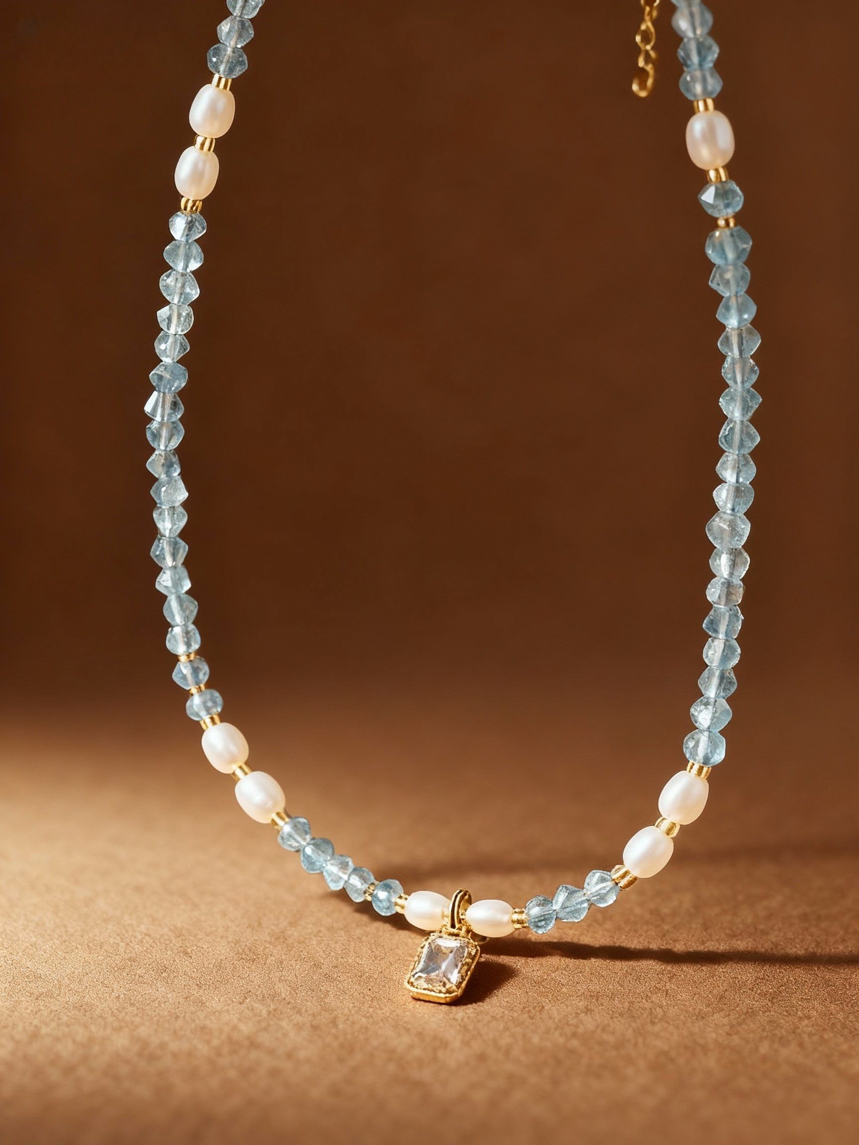 Detail of blue aquamarine crystal and pearl beaded necklace