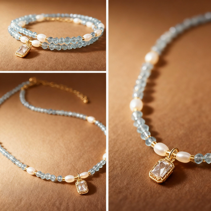 Aquamarine and freshwater pearl coastal jewelry necklace