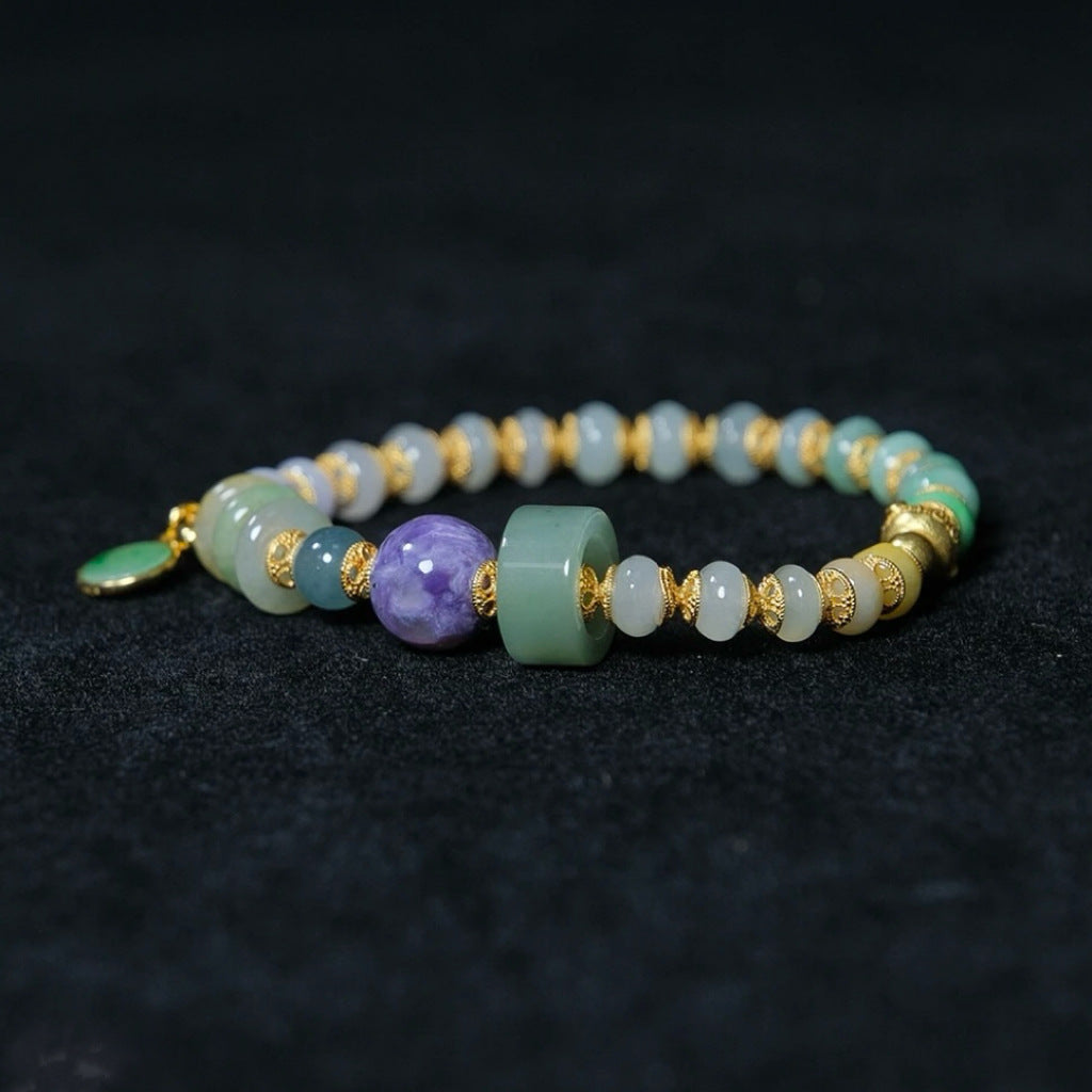 Tri-color jadeite abacus bead bracelet with purple charoite centerpiece, vivid green jade peace pendant and 18K gold-plated S925 silver peace gourd charm
