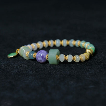 Tri-color jadeite abacus bead bracelet with purple charoite centerpiece, vivid green jade peace pendant and 18K gold-plated S925 silver peace gourd charm