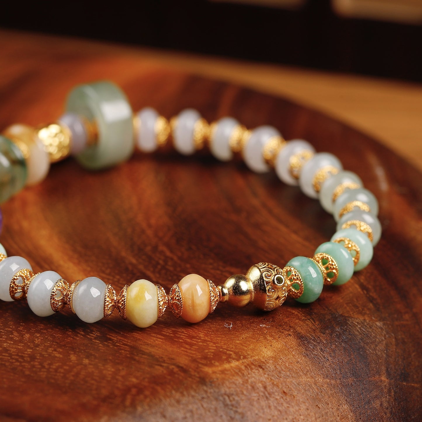 S925 silver peace gourd charm with 18K gold plating on natural jadeite gemstone bracelet