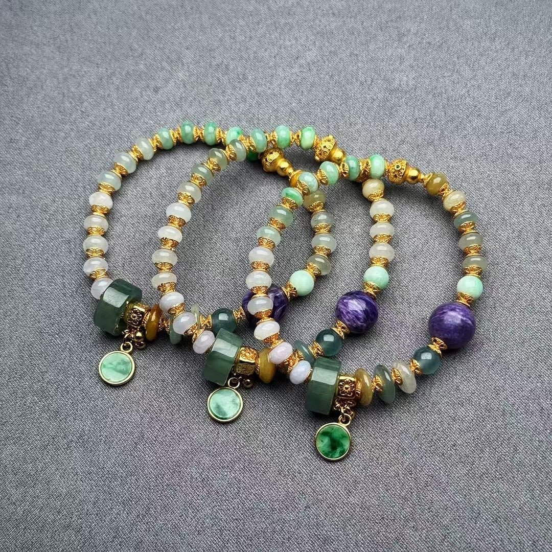 Tri-color jadeite abacus bead bracelet with purple charoite centerpiece, vivid green jade peace pendant and 18K gold-plated S925 silver peace gourd charm