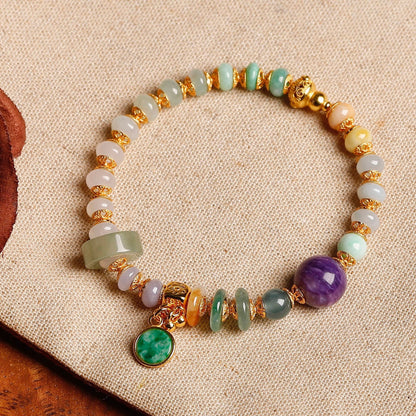 Tri-color jadeite abacus bead bracelet with purple charoite centerpiece, vivid green jade peace pendant and 18K gold-plated S925 silver peace gourd charm
