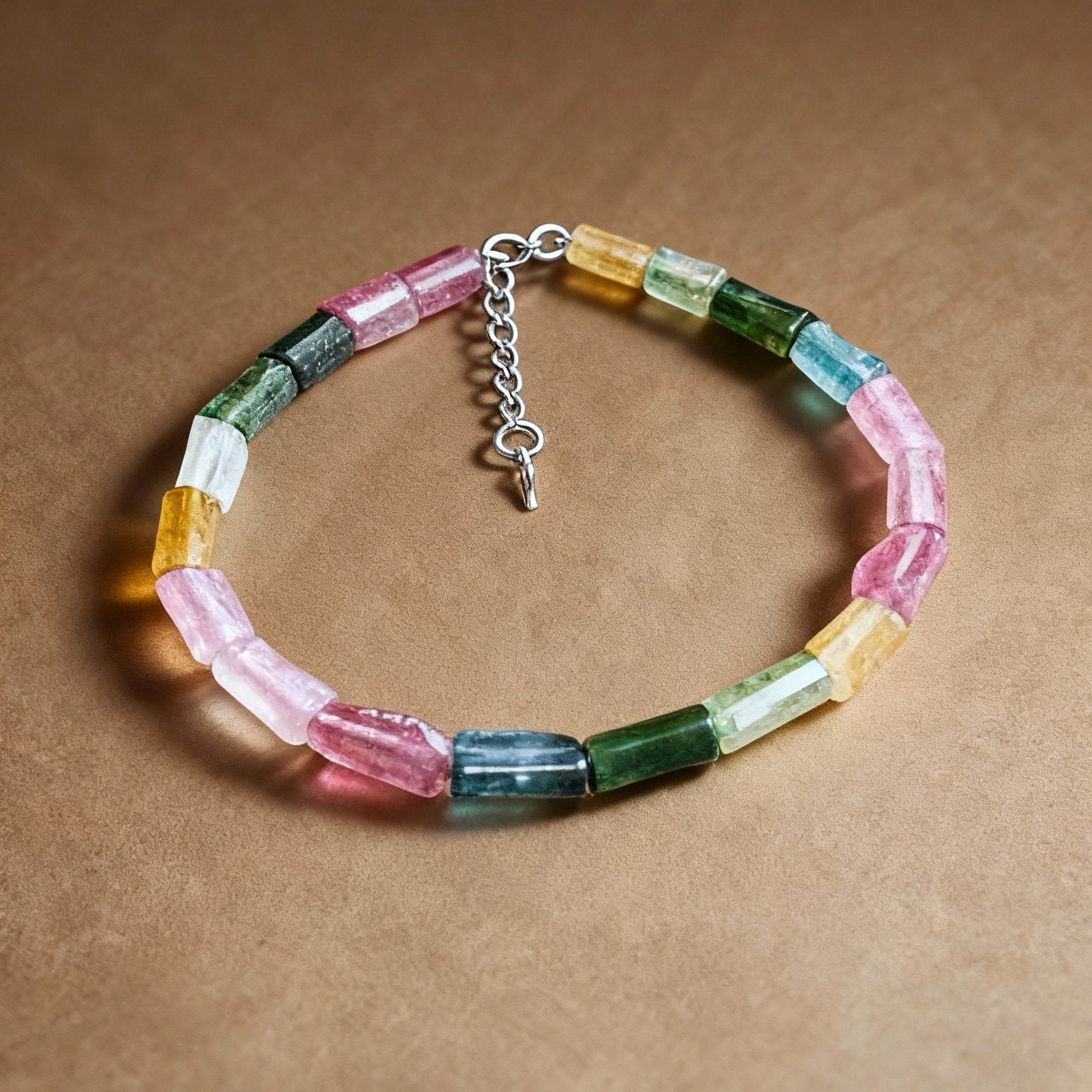 Candy-colored tourmaline tube bead bracelet with rainbow colors