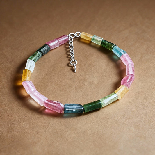 Candy-colored tourmaline tube bead bracelet with rainbow colors