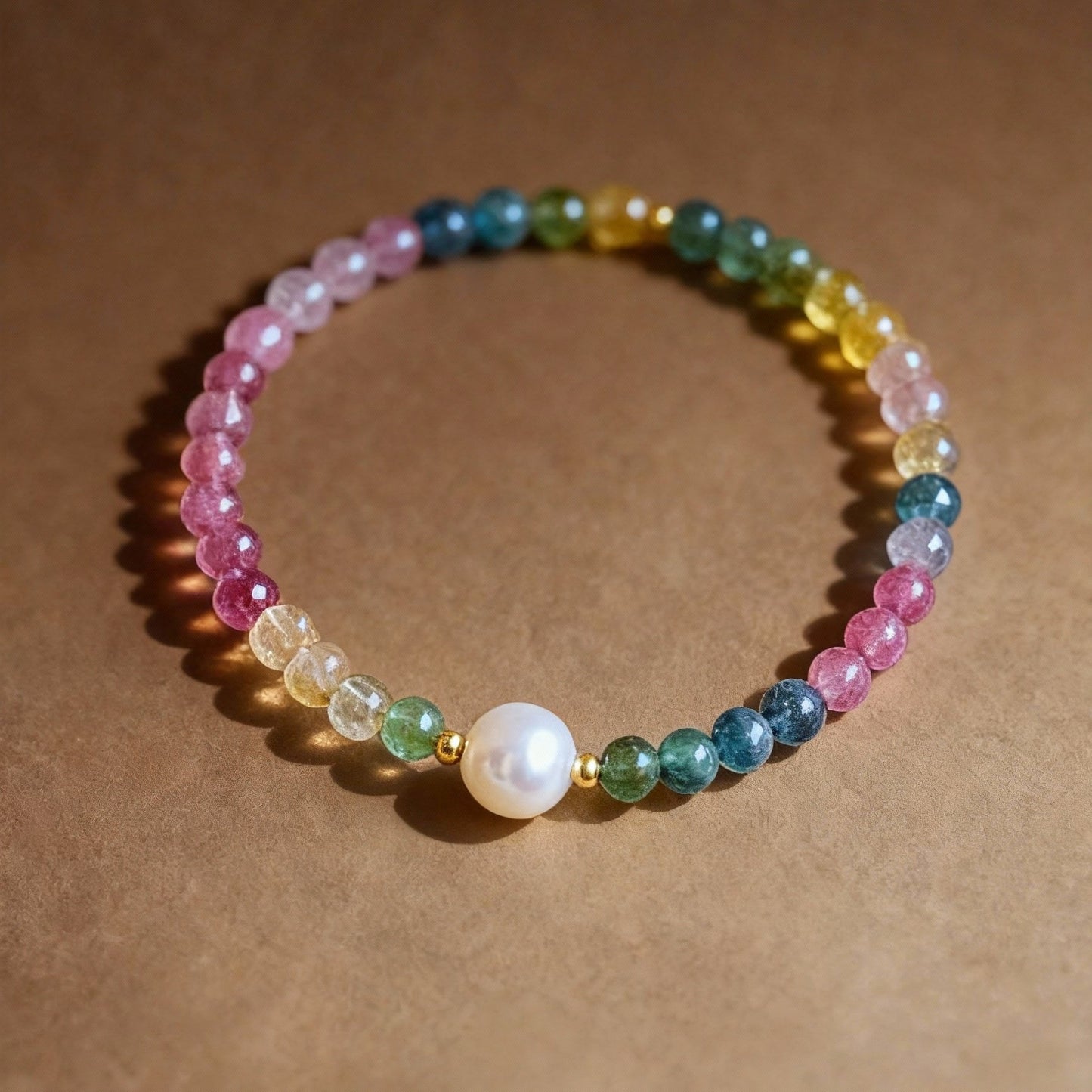 Candy-colored tourmaline and pearl bracelet with rainbow crystals