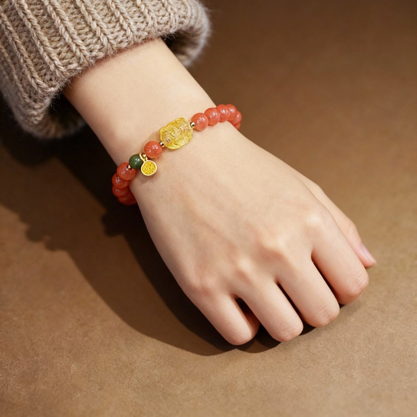 Nanhong agate and amber wealth charm bracelet with Pixiu