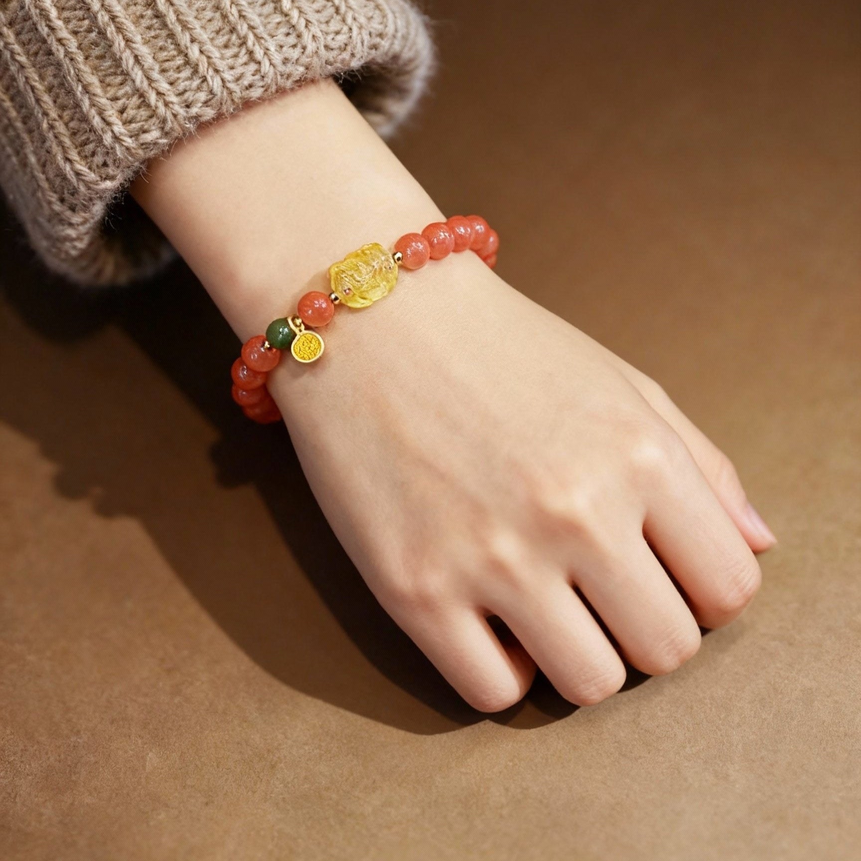 Nanhong agate and amber wealth charm bracelet with Pixiu