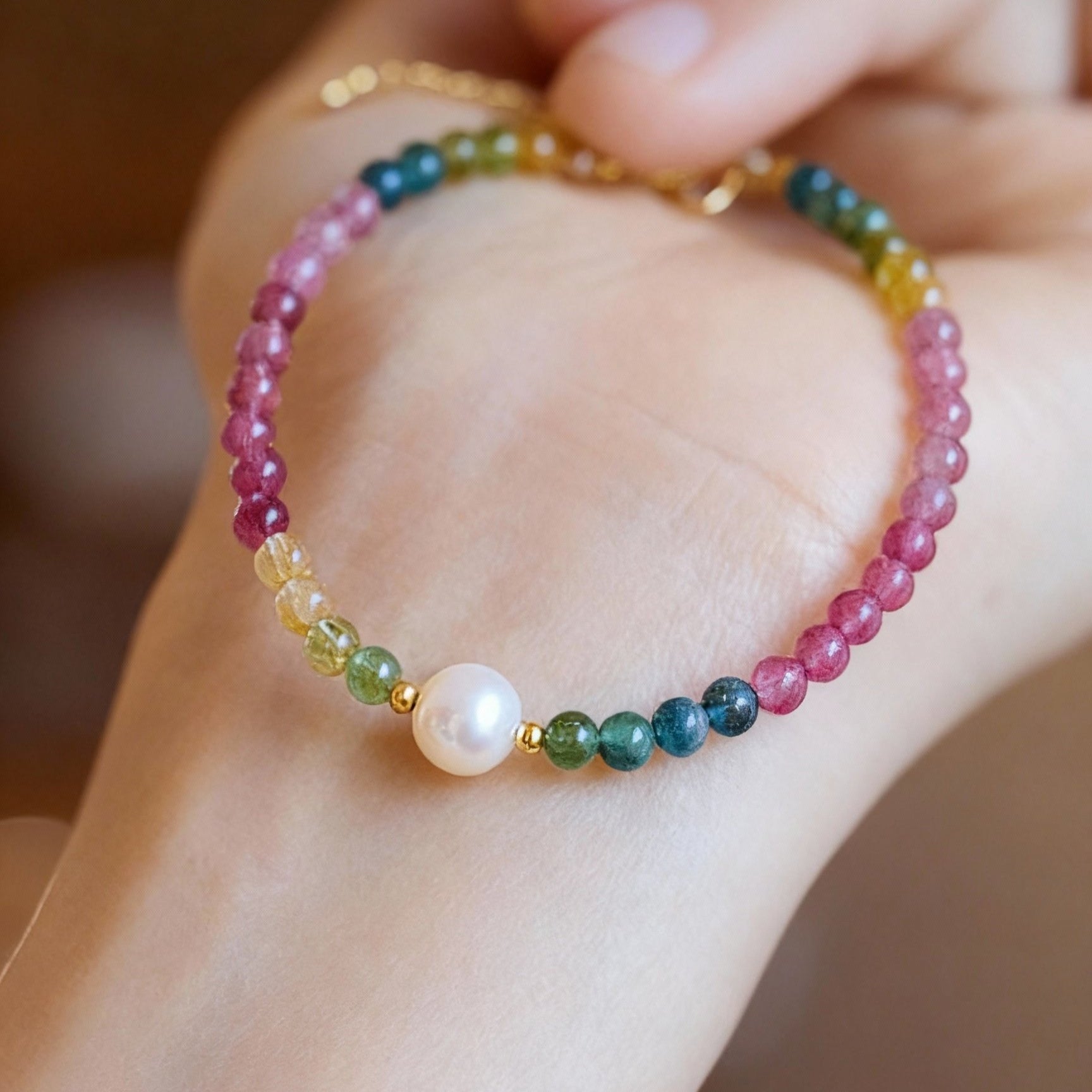 Candy-colored tourmaline and pearl bracelet showing vibrant colors