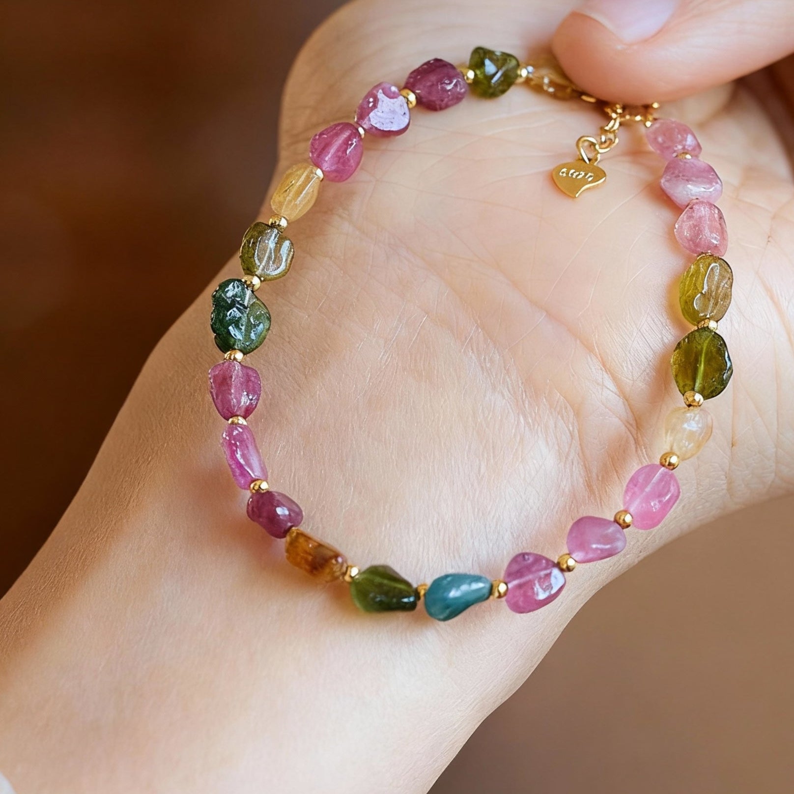 Candy-colored tourmaline bracelet showing raw crystal texture