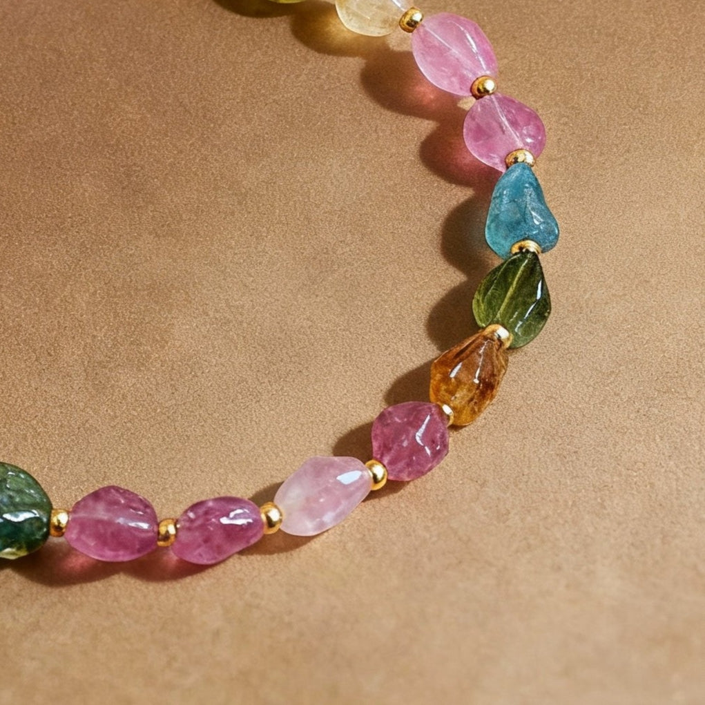 Detail of multi-colored raw tourmaline crystal bracelet
