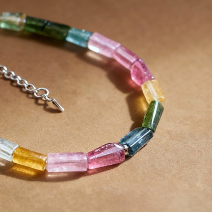 Detail of multi-colored tourmaline tube bead bracelet