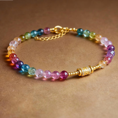 Close-up of colorful tourmaline beads with gold mantra charm