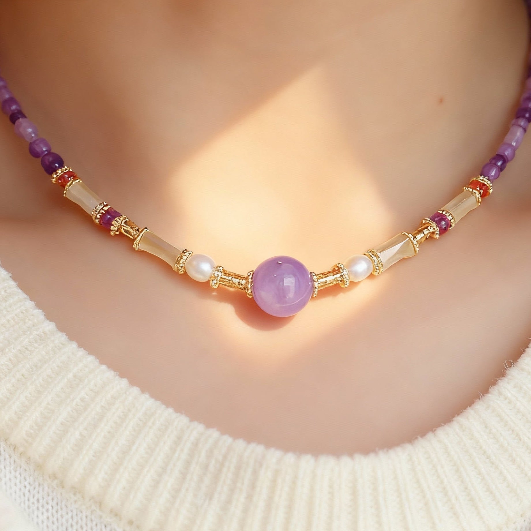 Amethyst and lavender crystal necklace with freshwater pearls
