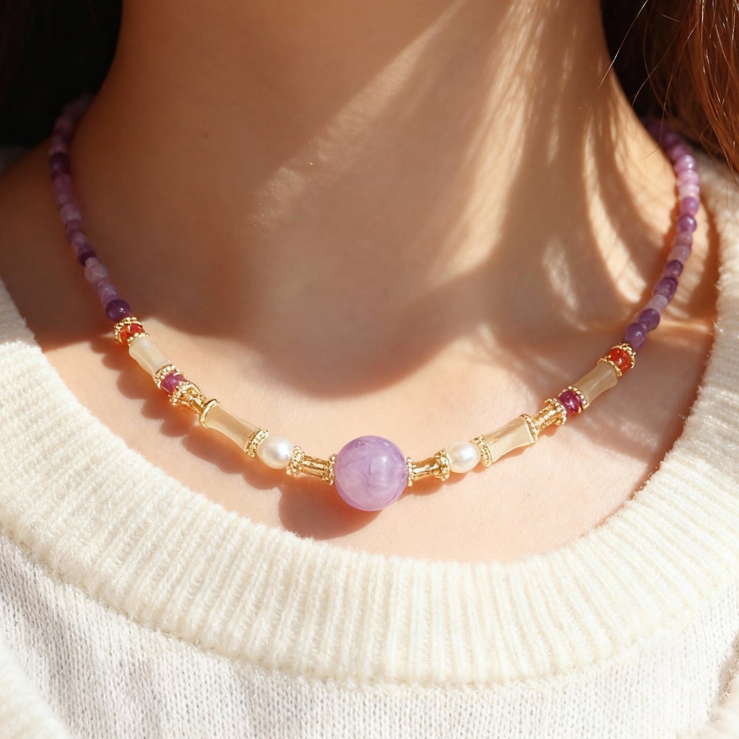 Natural purple amethyst beaded necklace with lavender crystals