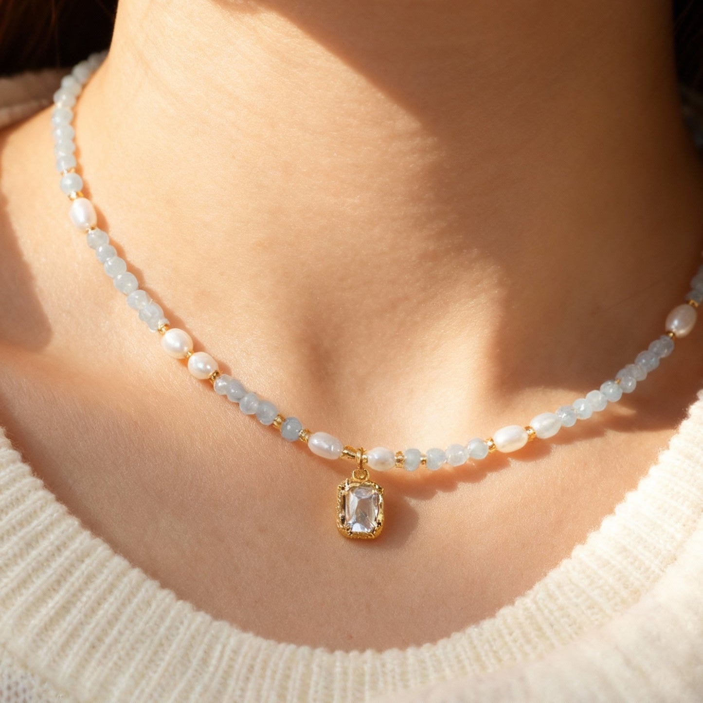 Natural aquamarine crystal necklace with freshwater pearl beads