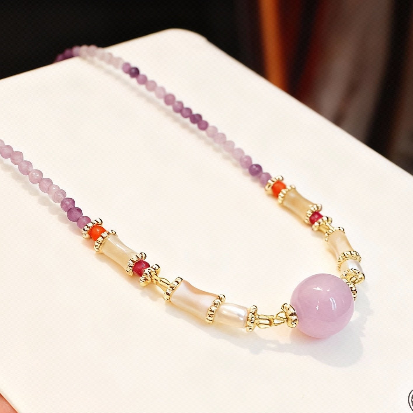 Lavender and purple amethyst beaded necklace with natural crystals