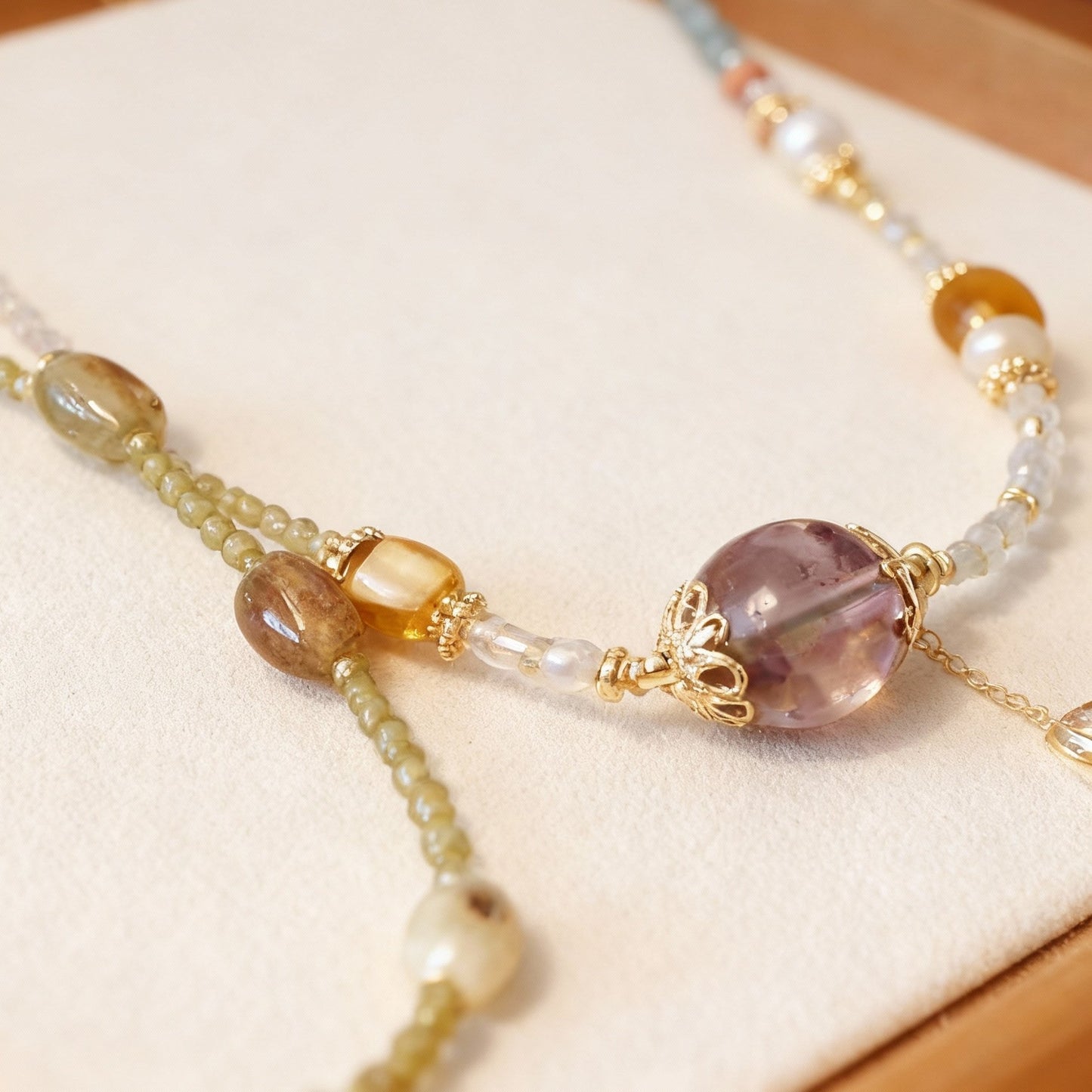 Clear quartz and amethyst good fortune beaded necklace