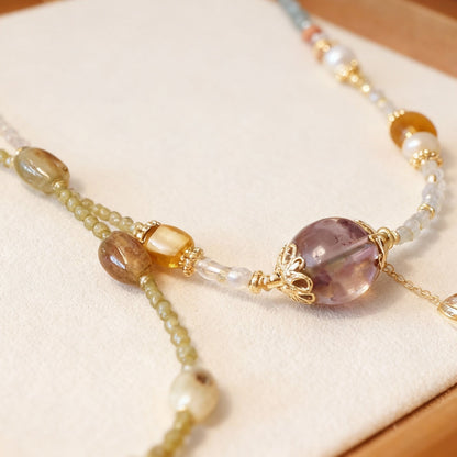 Clear quartz and amethyst good fortune beaded necklace