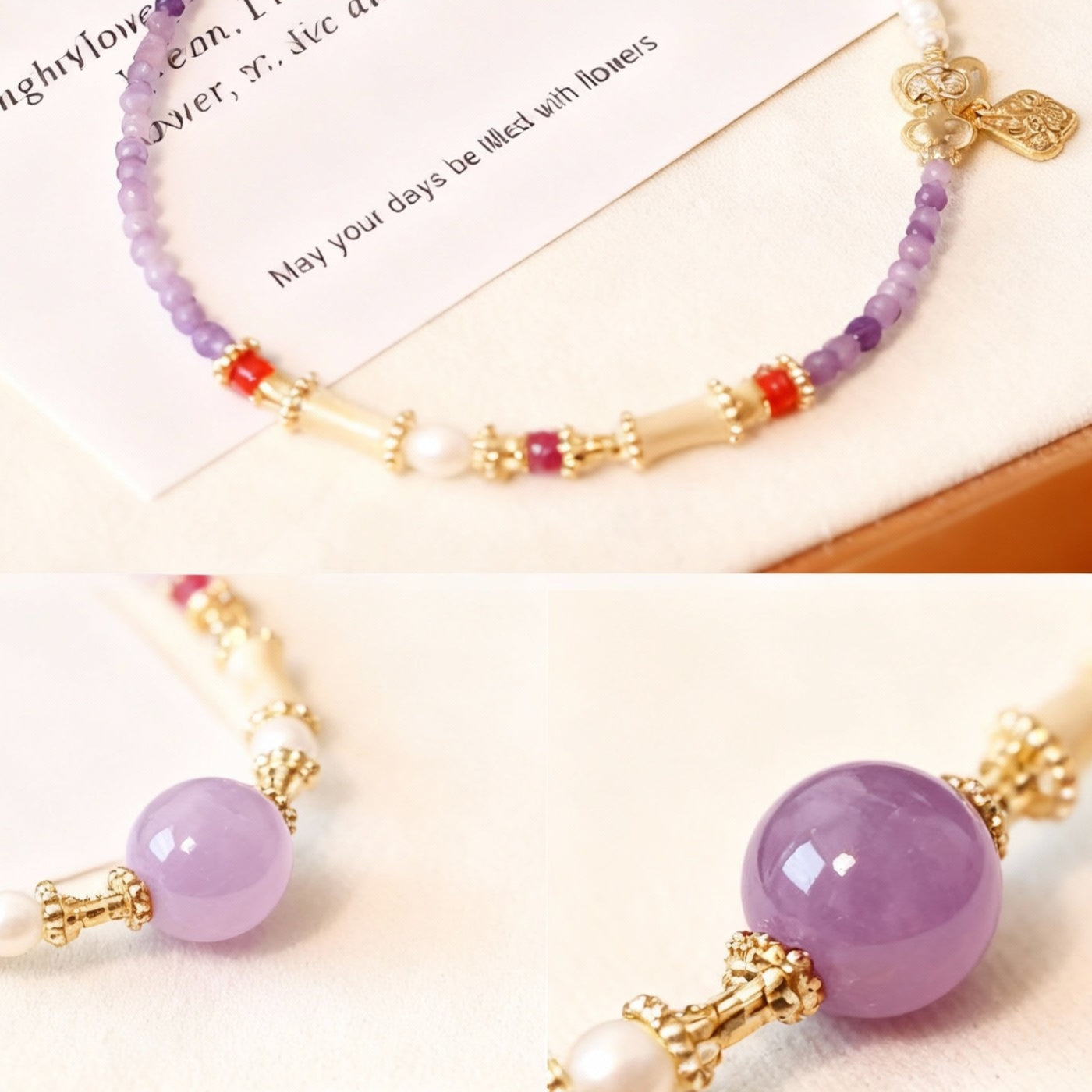 Purple crystal beaded necklace with amethyst and pearl beads
