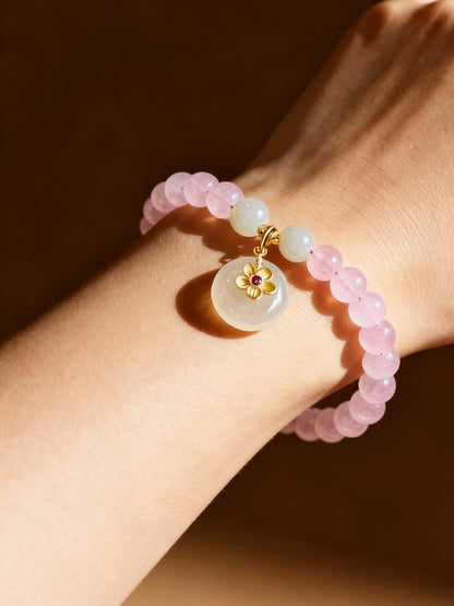 Natural pink crystal and white jade beaded bracelet