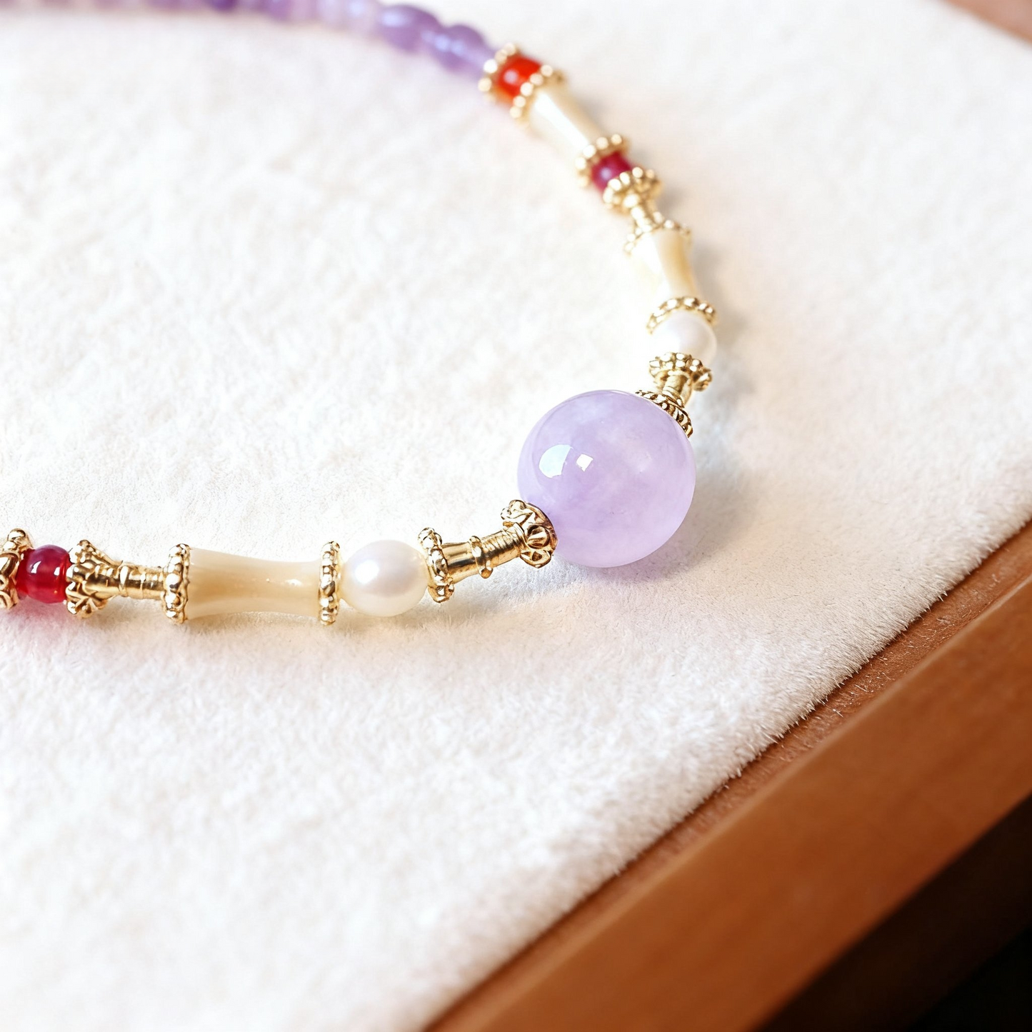 Natural amethyst necklace showing purple and lavender tones
